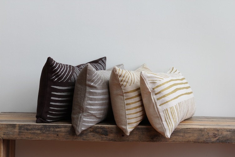 Metallic gold & off-white handprinted organic hemp pillow cover 12x21