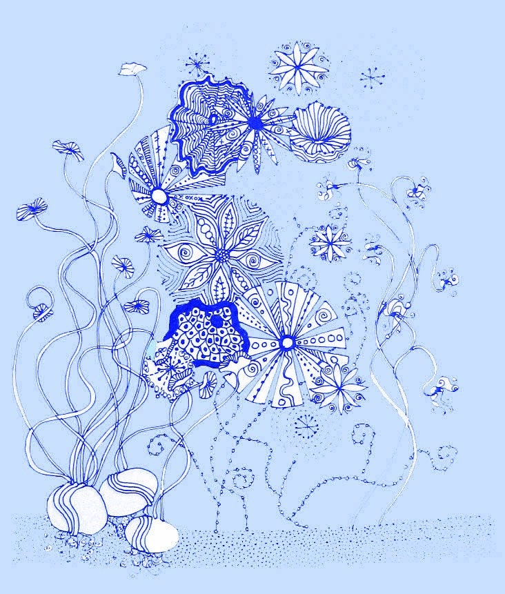 Print Fantasy Flowers in Blue giclee print from original drawing