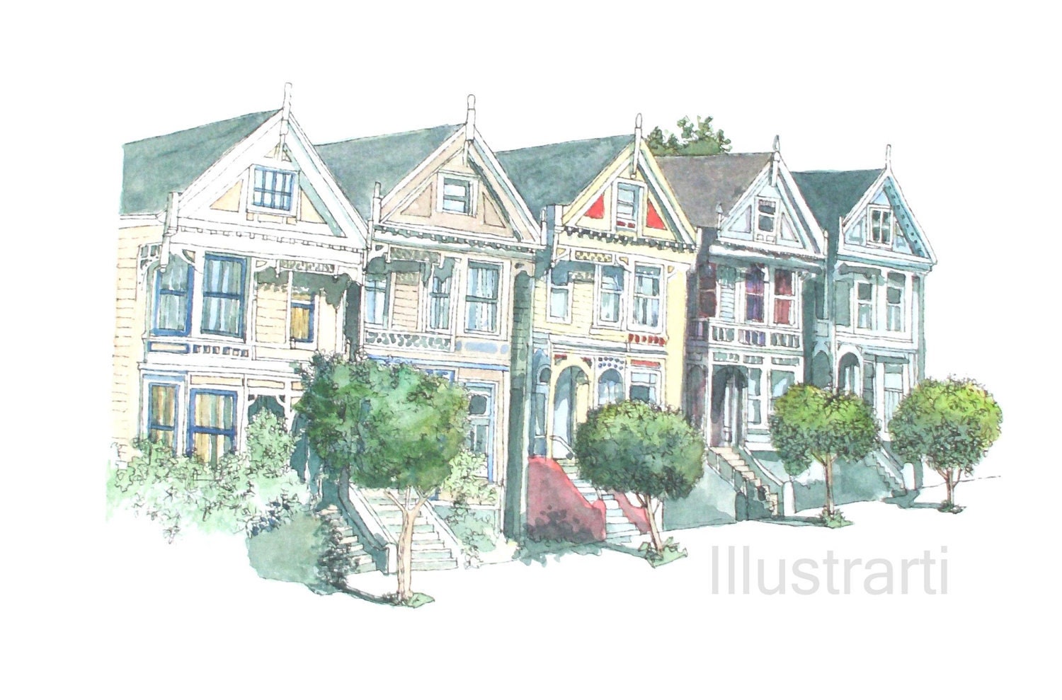Print San Fransisco Houses From Original Watercolour Drawing
