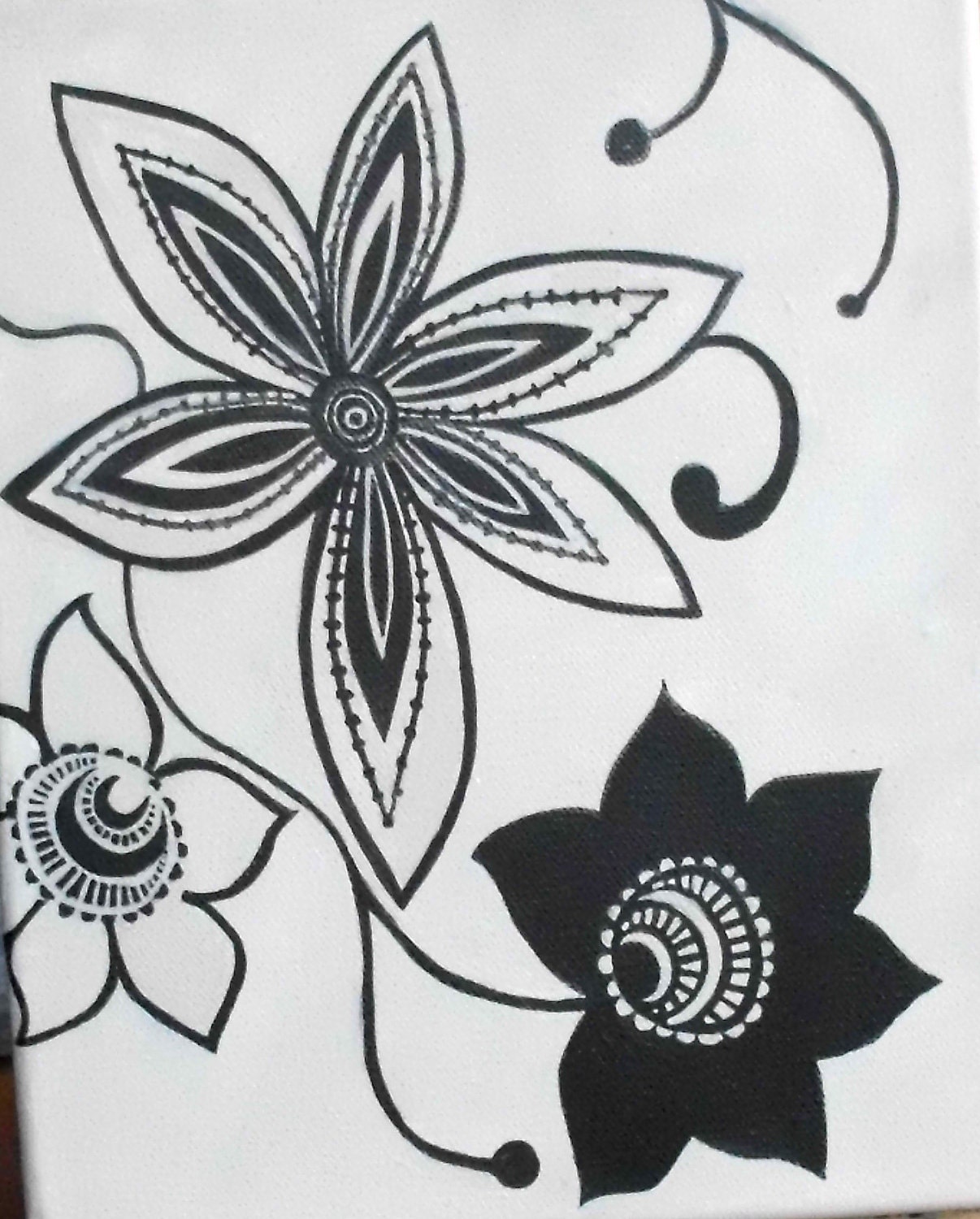 Painting on canvas of Fantasy Flowers in Black and Mushroom