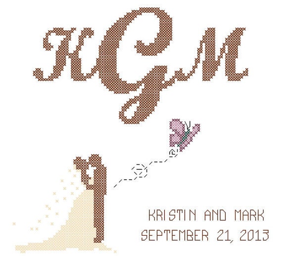 Ring Bearer Pillow Topper Cross Stitch Pattern, Bride and Groom, Butterfly and Monogram