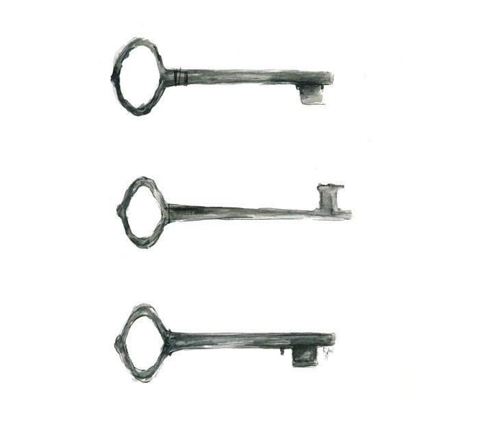 8x10 - 3 skeleton keys watercolor giclee print