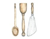 antique kitchen utensils watercolor giclee print - 8x10 // kitchen art // wall decor