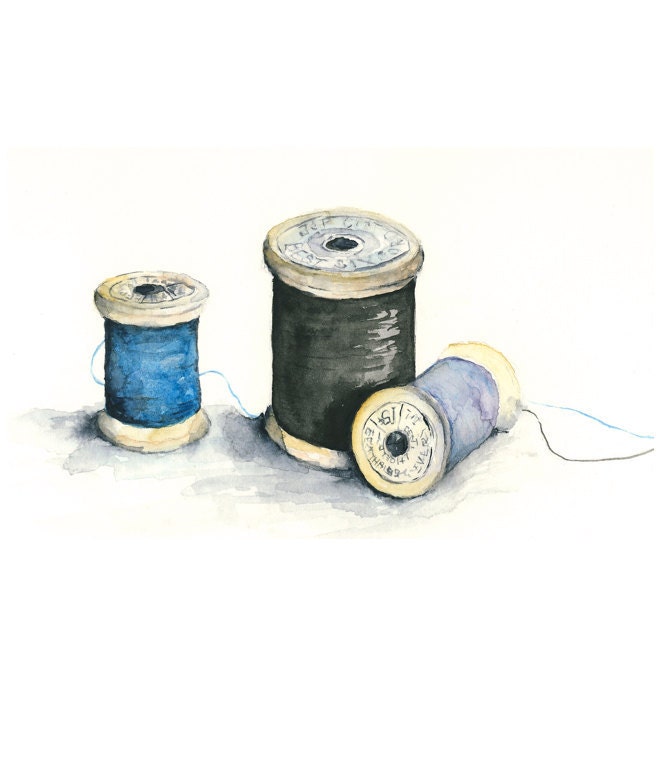 8x10 - wooden spools of thread watercolor giclee print