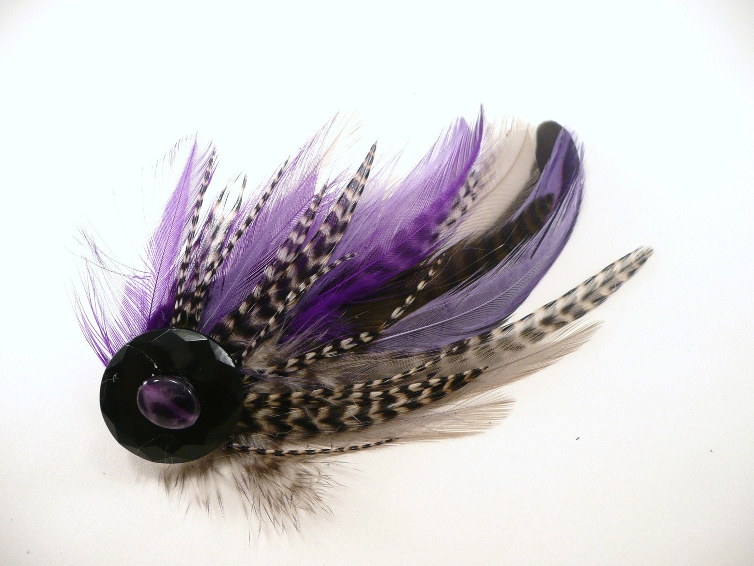 Black & White Grizzly, Purple and Gray Feather Hair Clip