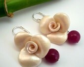 Clay White Rose Earrings Handmade - Bridesmaid Gifts, bridal jewelry, wedding favors