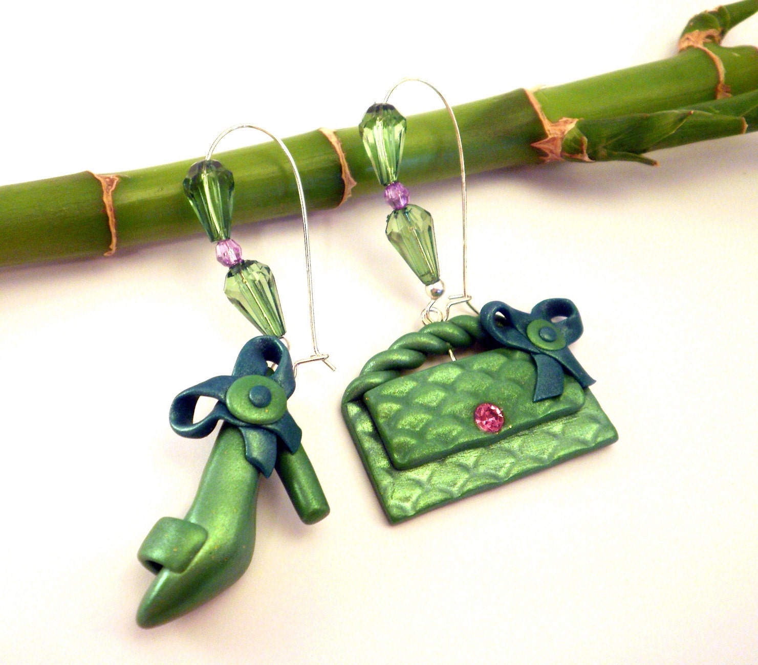Green High Heel Sandal and Fancy Purse Earrings Handmade - SoCool Collection