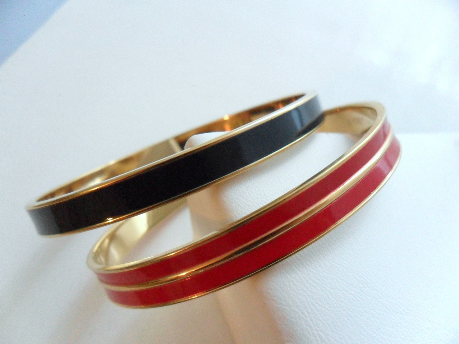 Vintage Enamel Bangle Bracelets - Red and Navy Blue w/ Gold Tone Accents - One Signed Monet