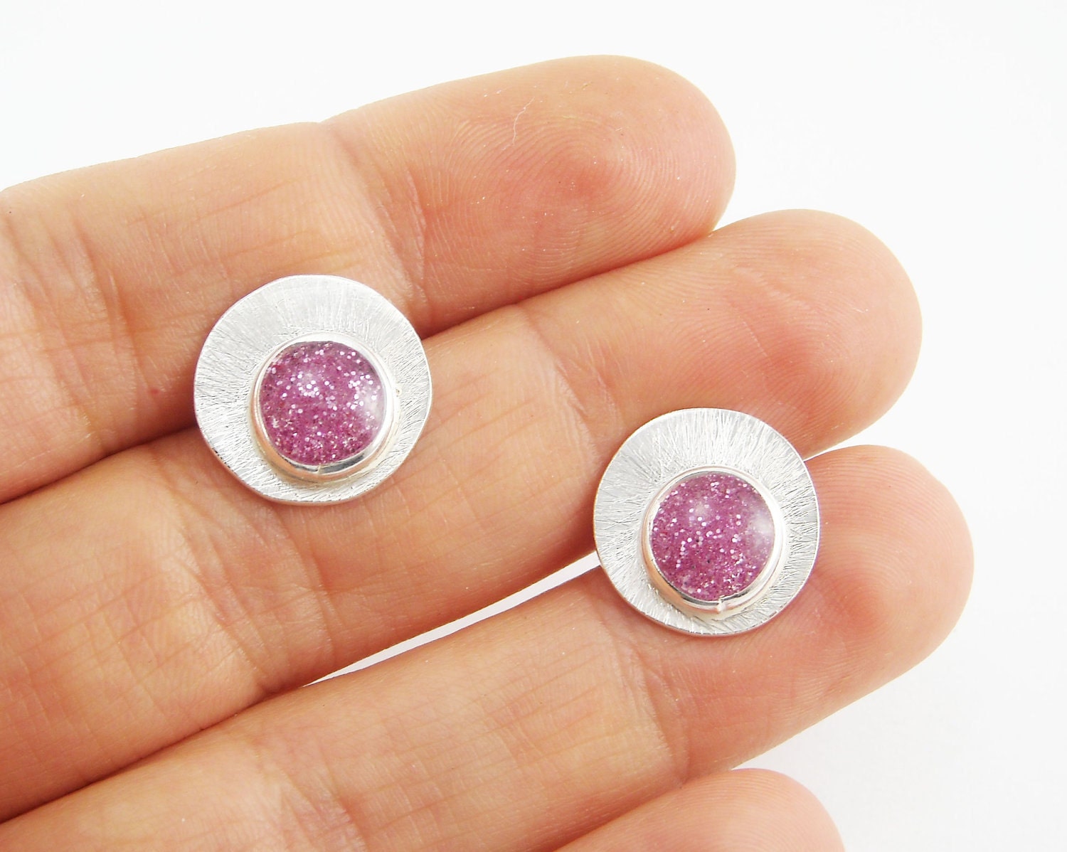Glitter Stud Earrings Sterling Silver 925 Contemporary Modern Sparkly Shiny Pink READY TO SHIP