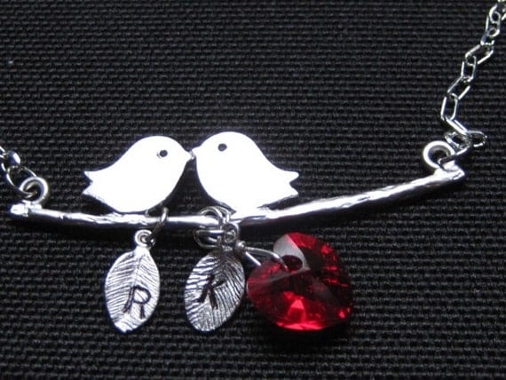 A Couple Birds in love personalized with initials and Swarovski Red Heart Crystal - - Silver or Gold Necklace, Valentine's Day Gift