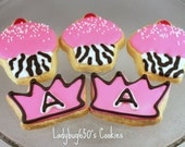 12 Cupcake and Crown cookies, handmade & iced