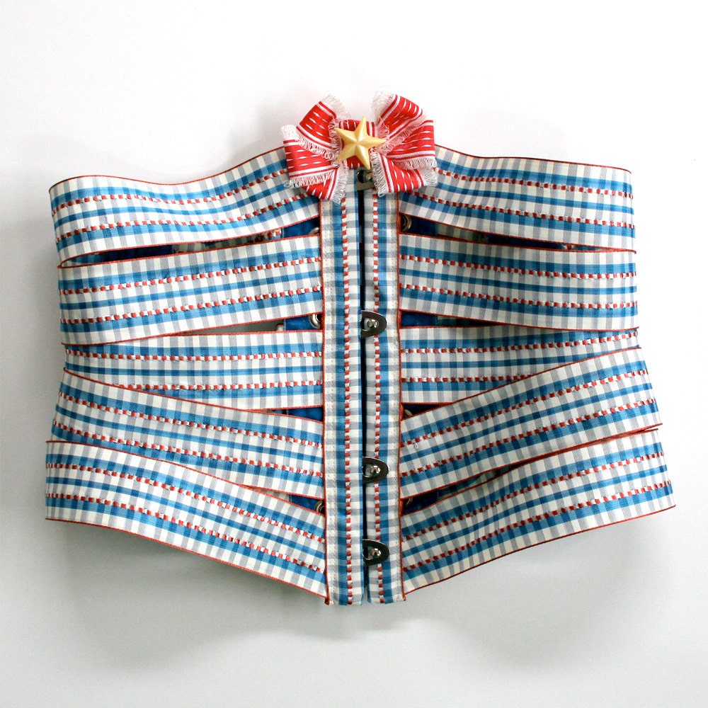 Ribbon Corset Cincher Belt / Red White Blue Silver Acetate Velvet Celluloid / Large - Betsy Ribbon Corset