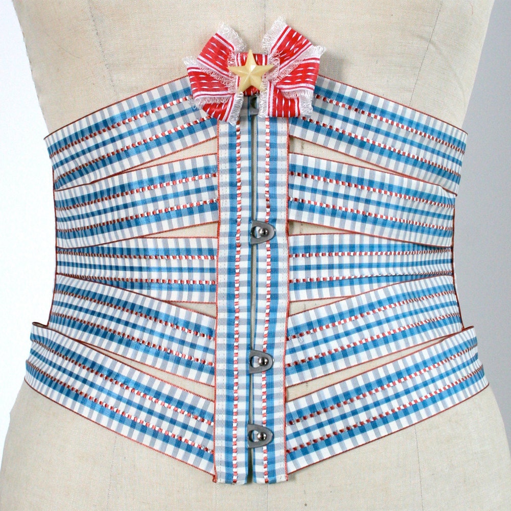Ribbon Corset Cincher Belt / Red White Blue Silver Acetate Velvet Celluloid / Large - Betsy Ribbon Corset