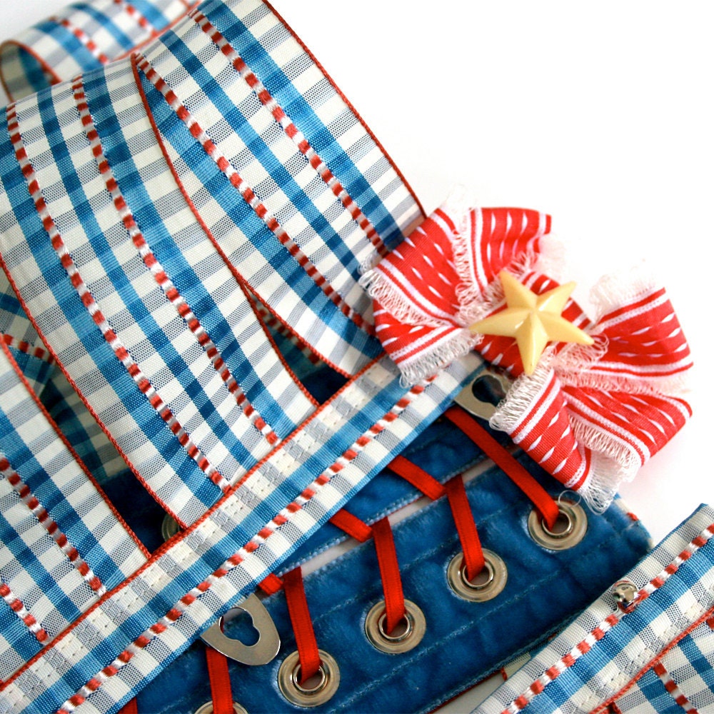 Ribbon Corset Cincher Belt / Red White Blue Silver Acetate Velvet Celluloid / Large - Betsy Ribbon Corset