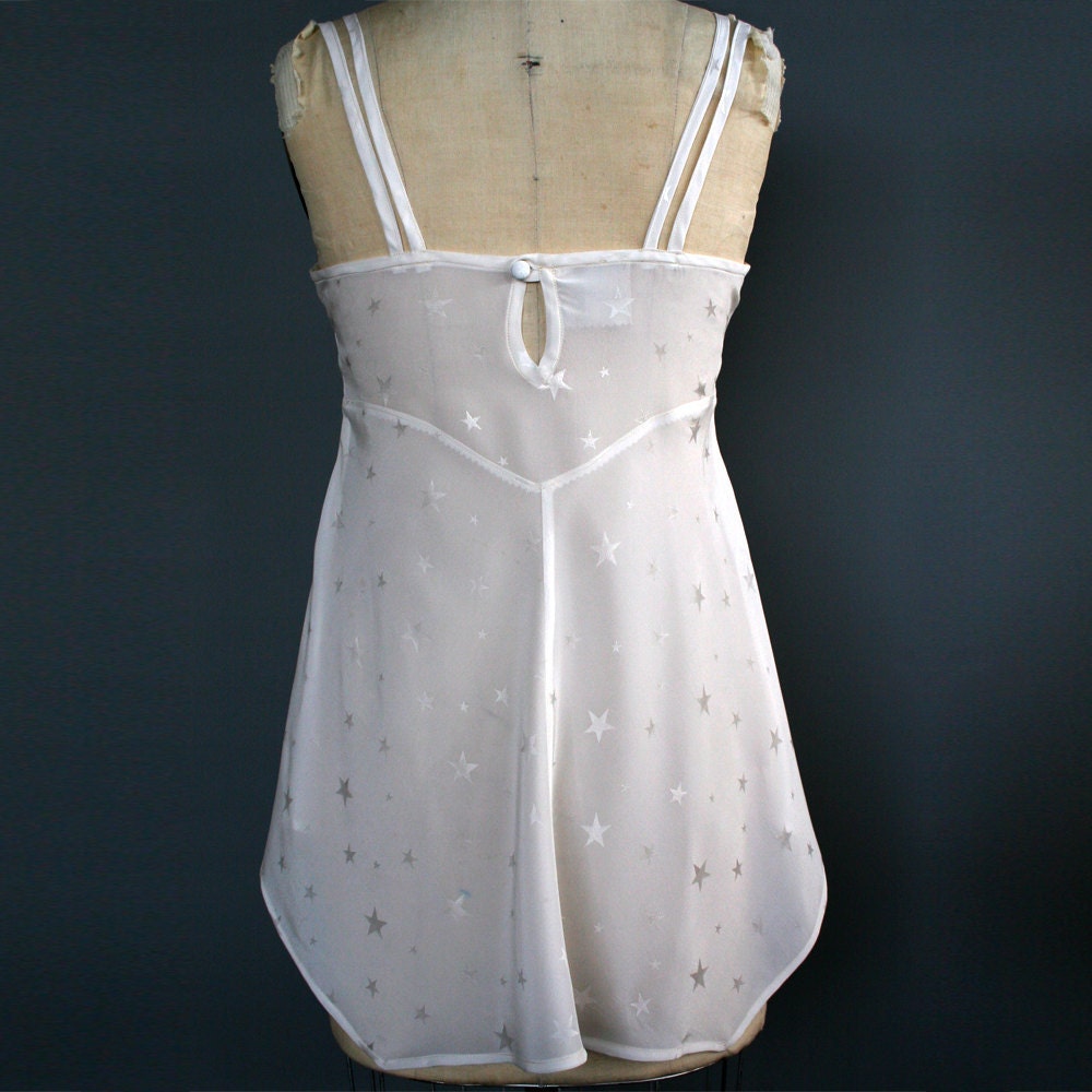 Lingerie Silk Lace Nightie Dress Chemise / Cream White Star Bow Jacquard Vintage / Small - Stella Moonshine Chemise