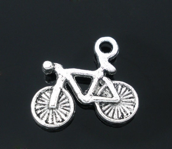 10 SMALL Antique Silver Tone Metal Pewter BICYCLE Charm Pendants . 15 x 13mm  s5903