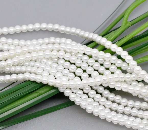 4mm Beautiful BRIDAL WHITE Round Glass Pearls . long 32" strand . about 210 beads