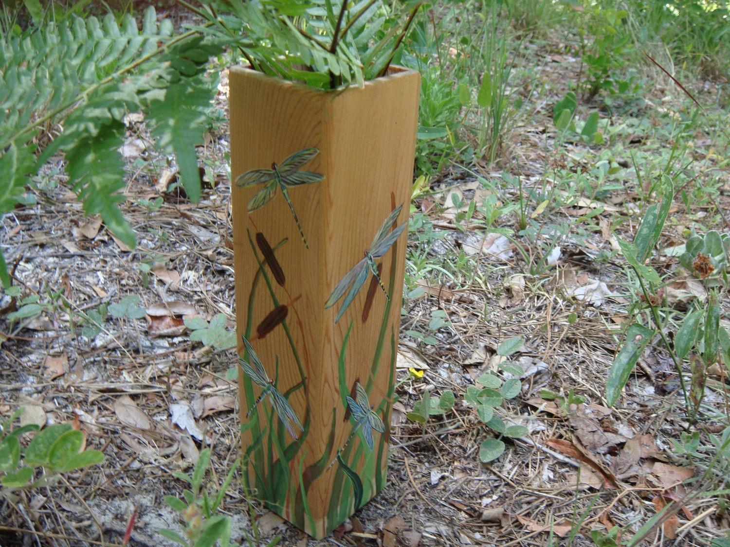 Western Cedar vase with glass insert-dragonflies and cattails painted motif