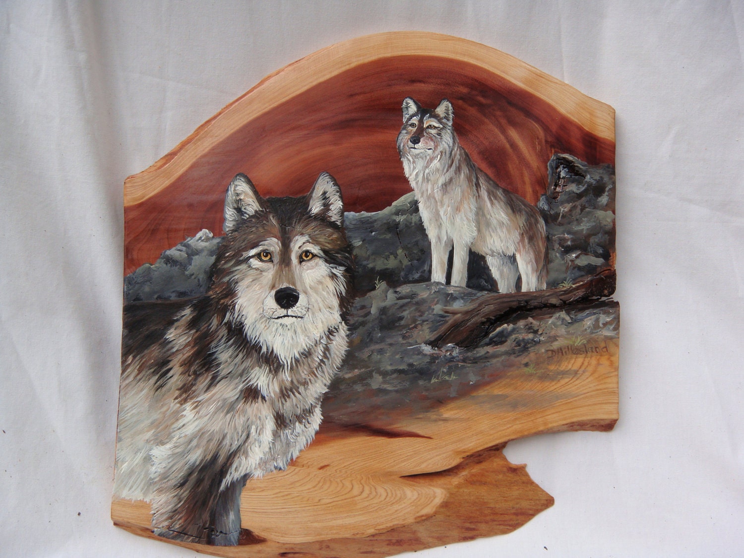 Reserved for Lori-Watching -original acrylic  painting of wolfs  on cedar