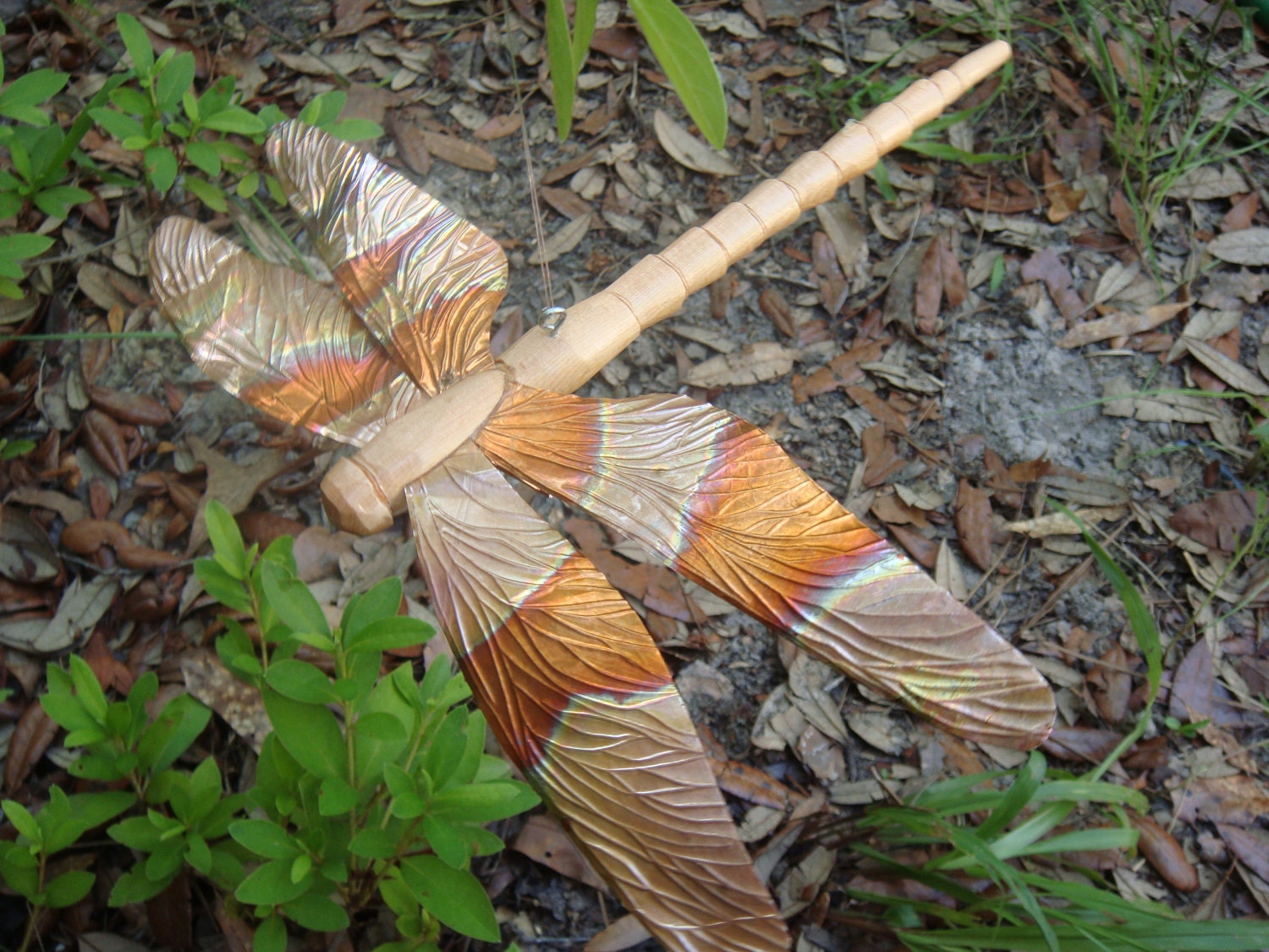 Large 9 inch long carved cedar and copper dragonfly