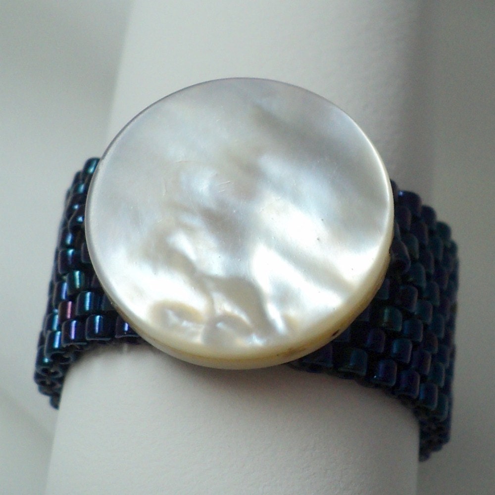 Beadwoven Peyote Ring, Shell, Midnight Blue and White