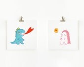 Love and Warmth - Set of Two 5 x 5 Hugskimo Illustration Art Prints - Wall Art - Home Decor - Holiday Gift