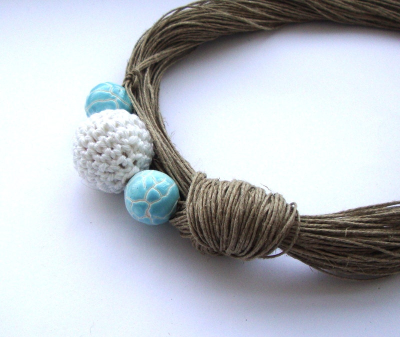 Statement ceramic and linen necklace / aqua