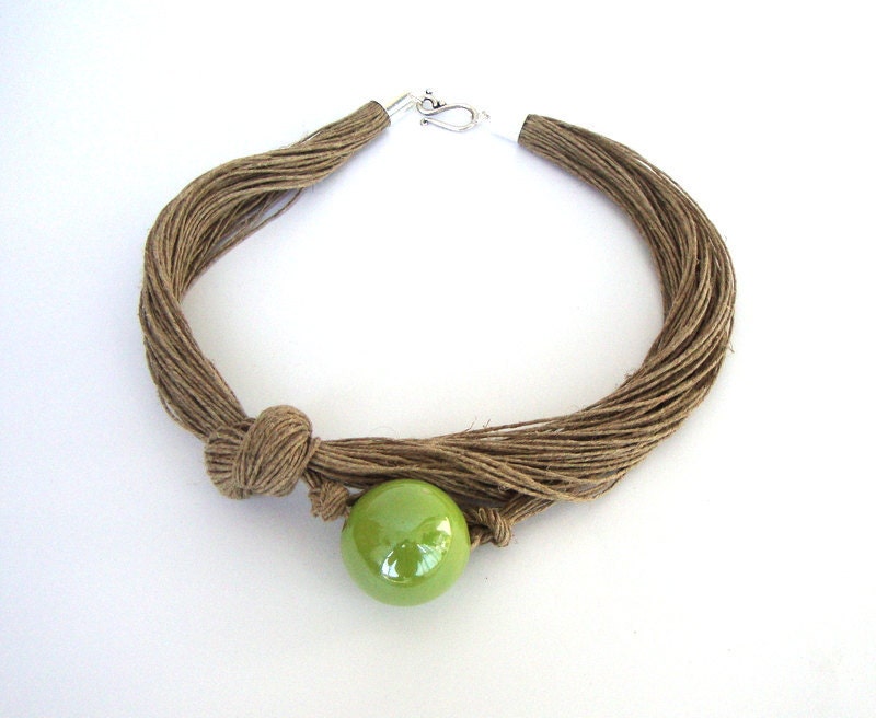 Lime green ceramic necklace, linen necklace, eco friendly jewelry, linen choker, fall fashion jewelry