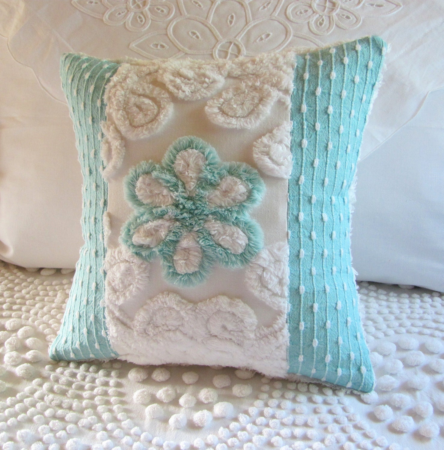 AQUA ROSE vintage chenille pillow cover