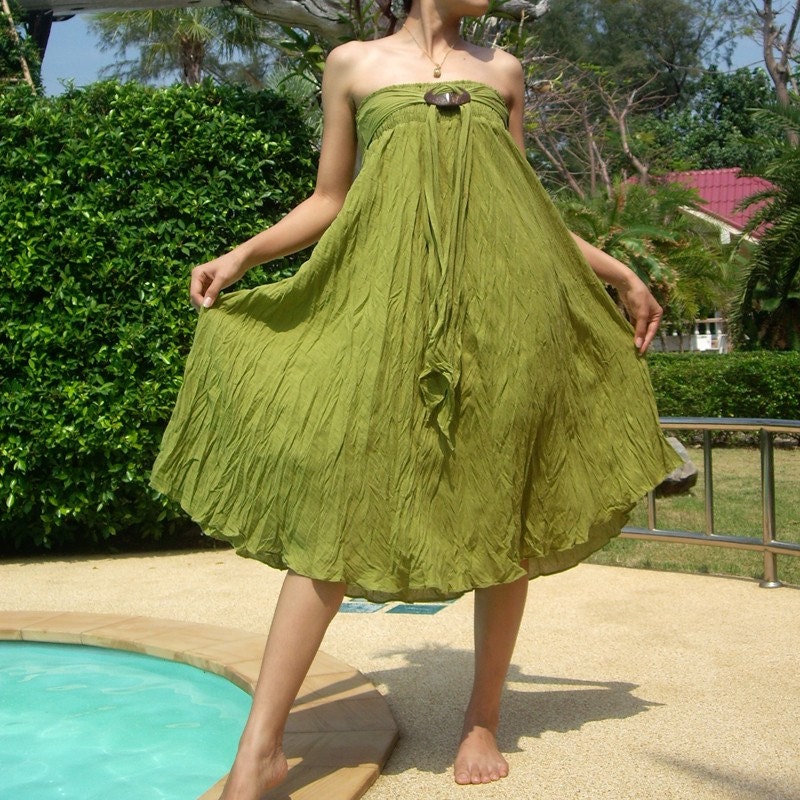 Olive Green Cotton Sexy Party Beach Dress Mix to Coconut Shell (Long Skirt or Dress) A