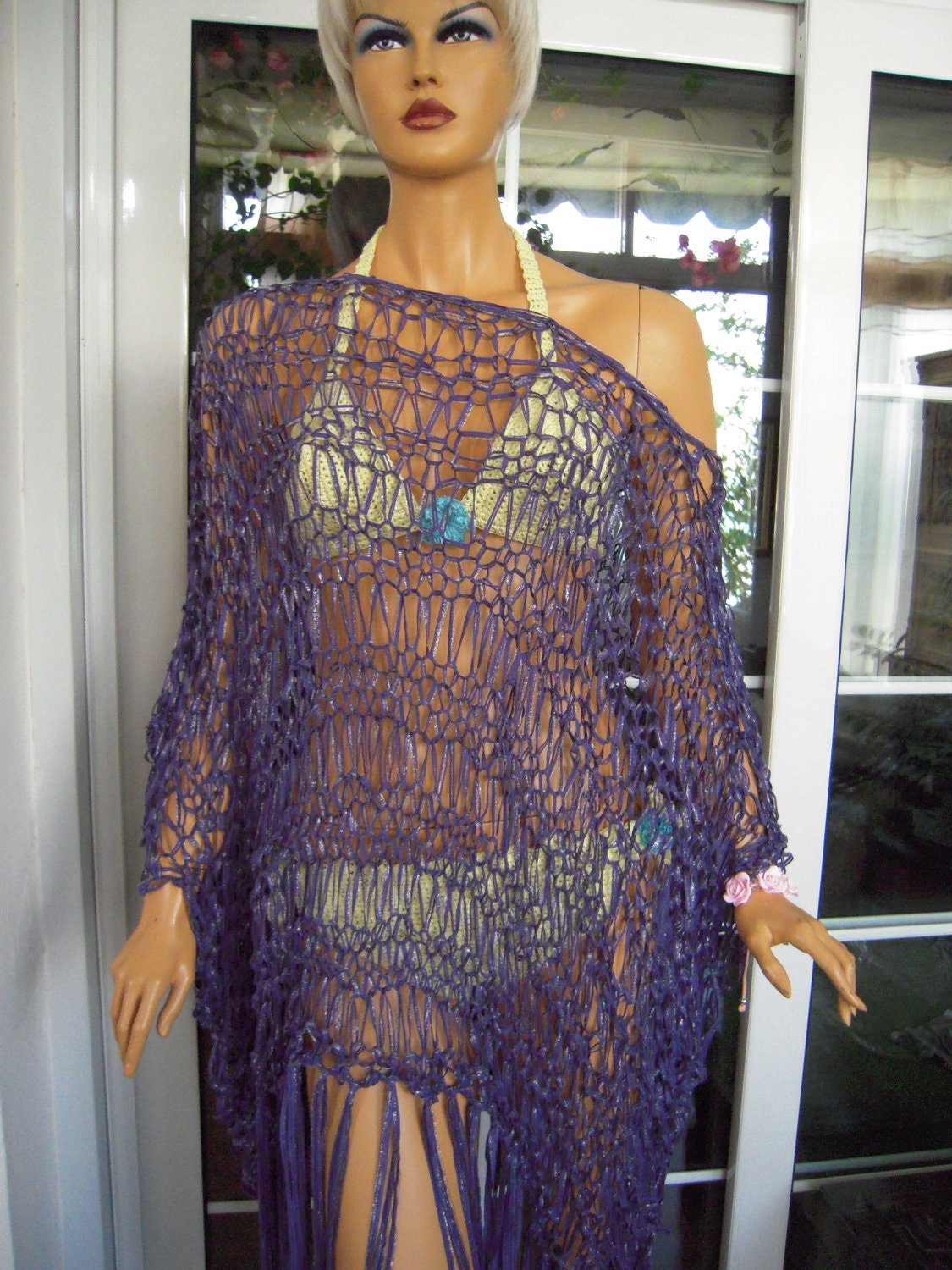 Oversized handmade knitted poncho/beach dress/festival sweater/cover up in sparkle purple with tassels ''Chris'' by golden yarn