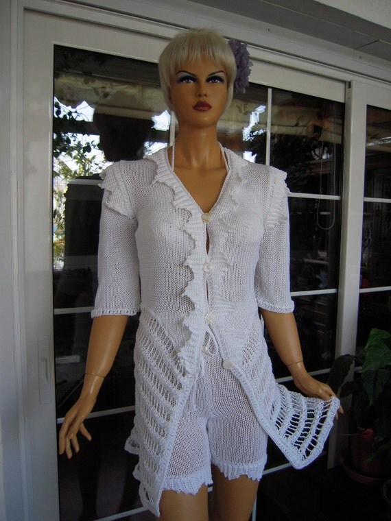 Handmade knitted costume cardigan shorts in white cottonOOAK by golden yarn