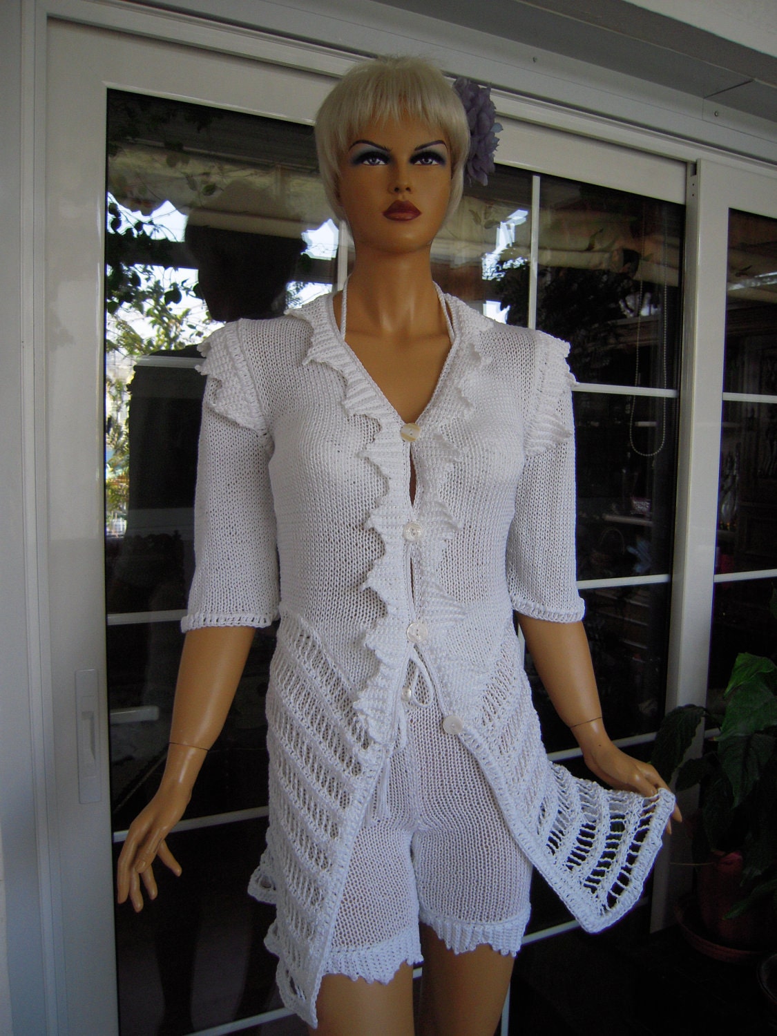 Handmade knitted costume cardigan shorts in white cottonOOAK by golden yarn