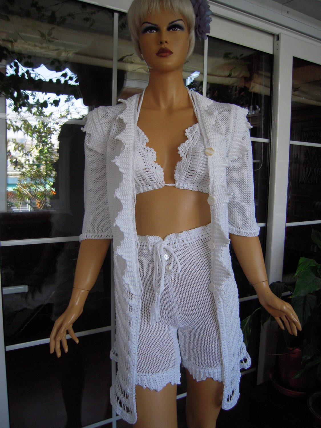 Handmade knitted costume cardigan shorts in white cottonOOAK by golden yarn