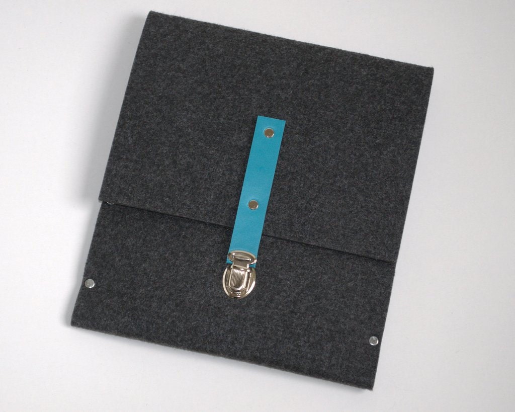 iPad 4 Sleeve, iPad Case, iPad Clutch, iPad Cover, iPad Bag - black synthetic felt features clasp with blue leather strap