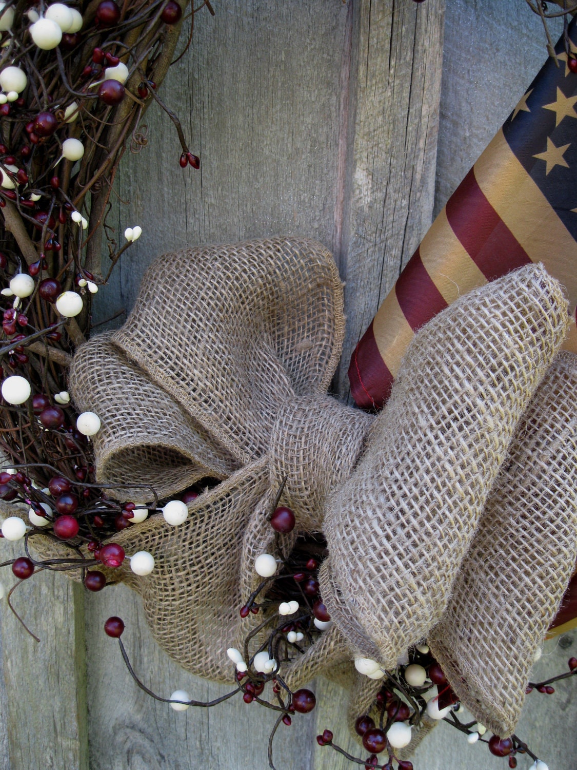 Americana Wreath, Patriotic Wreath, Burlap Bow. Rustic, Berries,Tea Stained Flag
