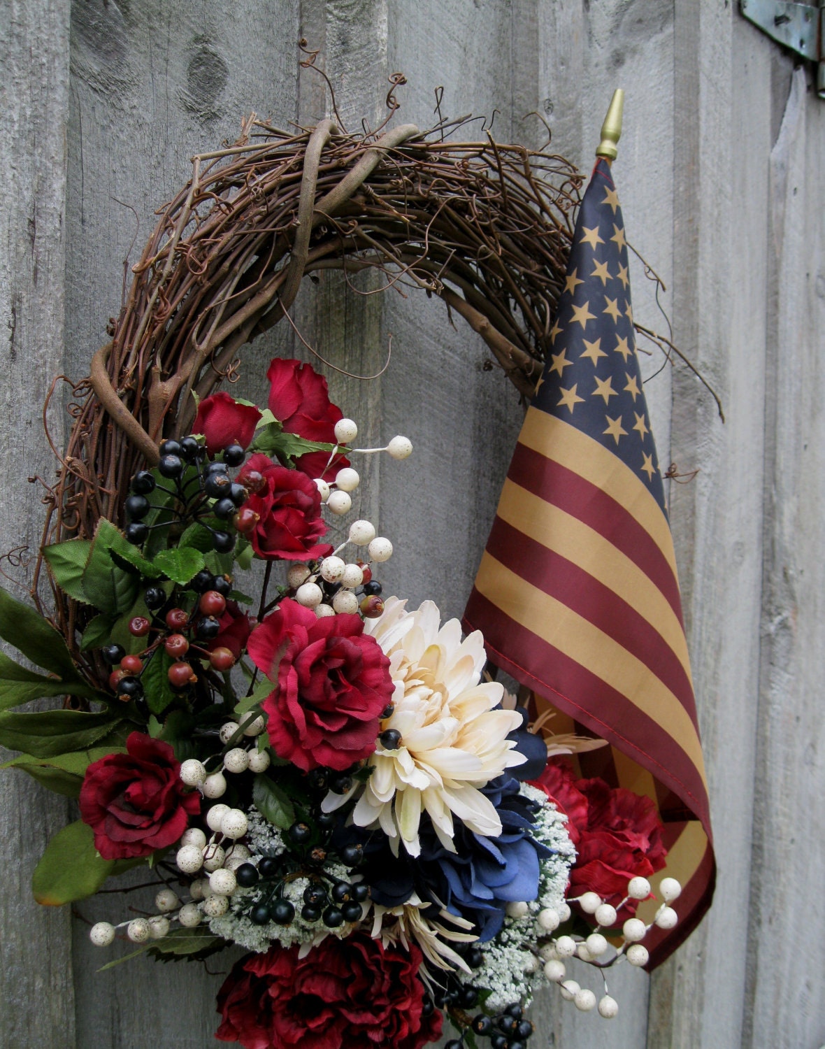 Americana Wreath, Patriotic Door Wreath, Hydrangea, Mums, Tea Stained Flag