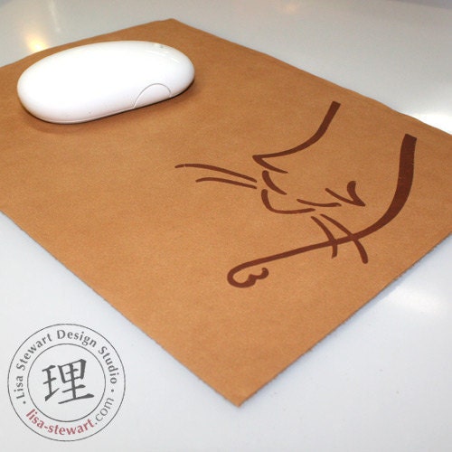Handmade Cognac Brown Bacchus Cat on Butterscotch Leather Mousepad