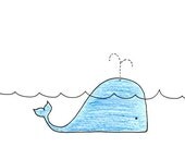 Cute Whale Drawing - Simple Ocean Nursery Art Print - Little Blue Whale