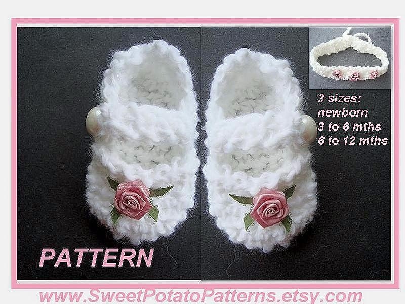 Instant Download PDF Crochet Pattern - Sweet Mary Jane Booties and Headband SPP-30 3 sizes for you to make.