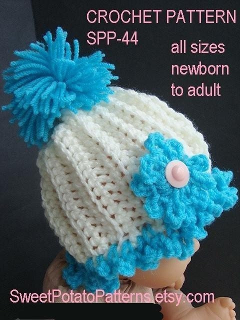 Instant Download PDF Crochet Pattern - Ruffle Edged Hat - SPP-44. all sizes from newborn to adult.