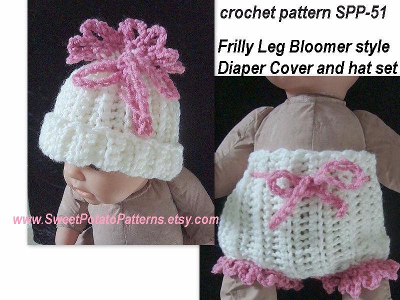 instant Download PDF Crochet Pattern - Frilly Leg Bloomer-style Diaper Cover SPP-51, and hat set, newborn to 12 months
