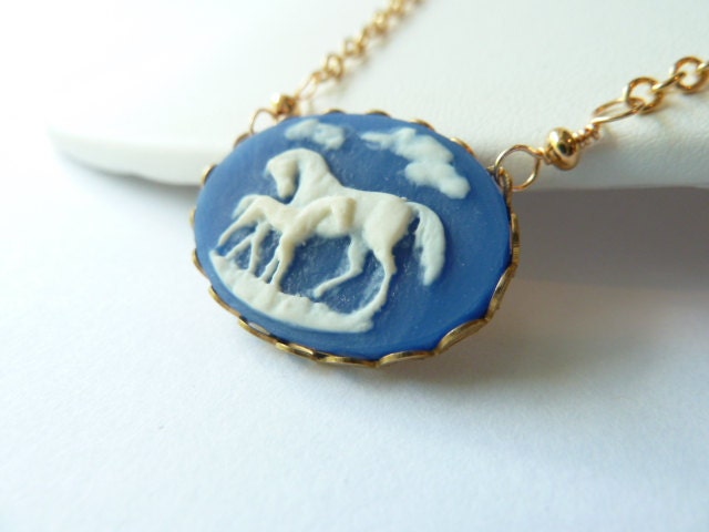 Horse Pendant Necklace, Horse Cameo, Cameo Pendant, Cameo Necklace, Blue Cameo, Equestrian