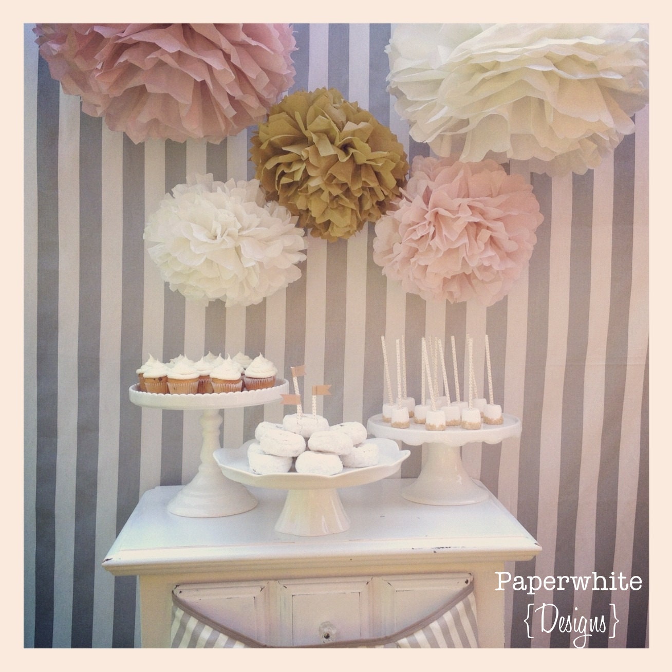 Melanie Collection- 5 pom poms- blush and gold tones/ vintage wedding/ girl baby shower decoration