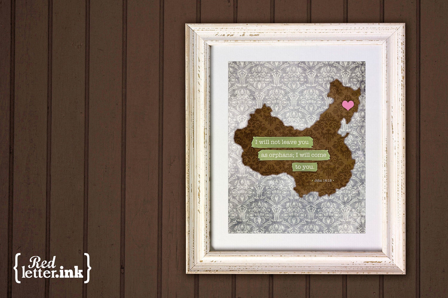 Adoption Wall Print - China (pink/blue/green, gray)  John 14:18 - 8 x 10 Print