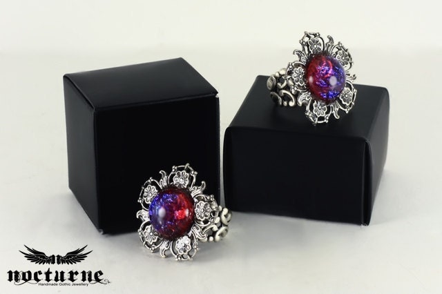 Flower Victorian Ring with Dragon's Breath Opal Stone - Gothic Victorian Jewelry