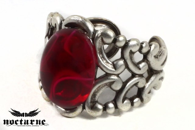 Gothic Ring with Ruby Red Stone - Silver Plated Adjustable Ring - Victorian Gothic Jewelry