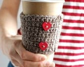 Coffee cozy : Brown with red heart buttons by The Cozy Project