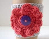 Coffee sleeve cozy Grey with pink flower and purple button by The Cozy Project