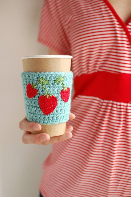Coffee cozy,  Aqua  with Strawberries SPRINGPDX by The Cozy Project